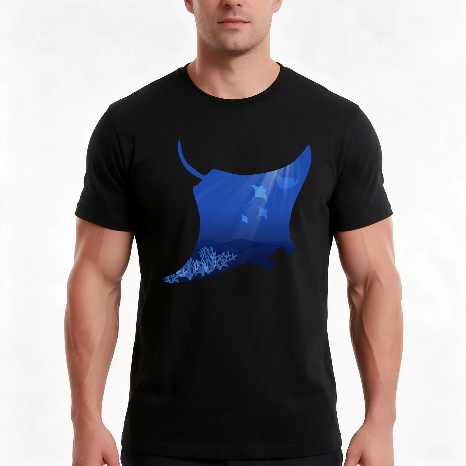 Manta Ray Silhouette With Coral Reef T-Shirt, Summer Casual Cotton Tee, Oversized Streetwear Tops, Vintage Graphic Print