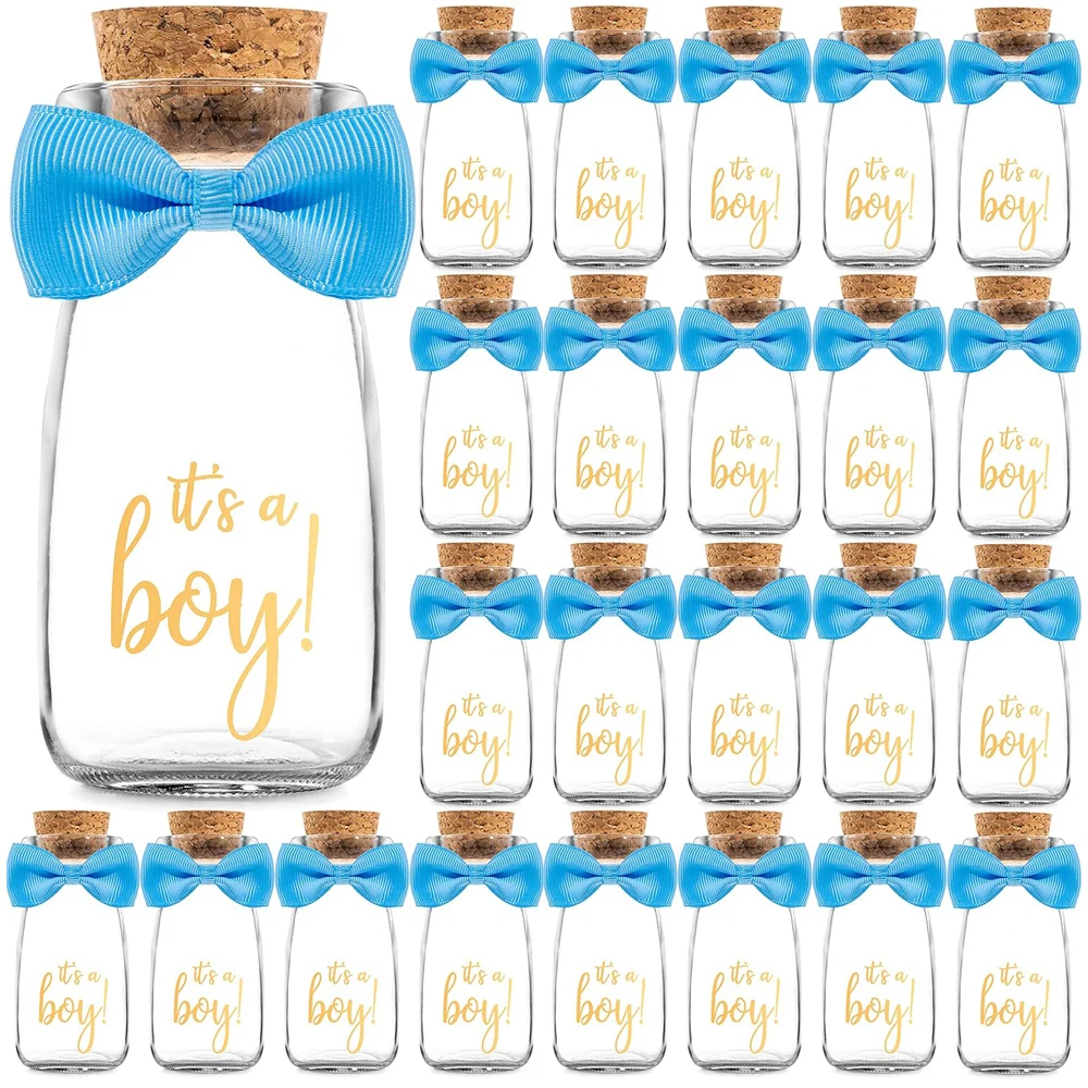 It's a Boy Milk Glass Bottles with Ribbons and Stickers Vintage Baby Shower Favors for Guests and Table Centerpieces