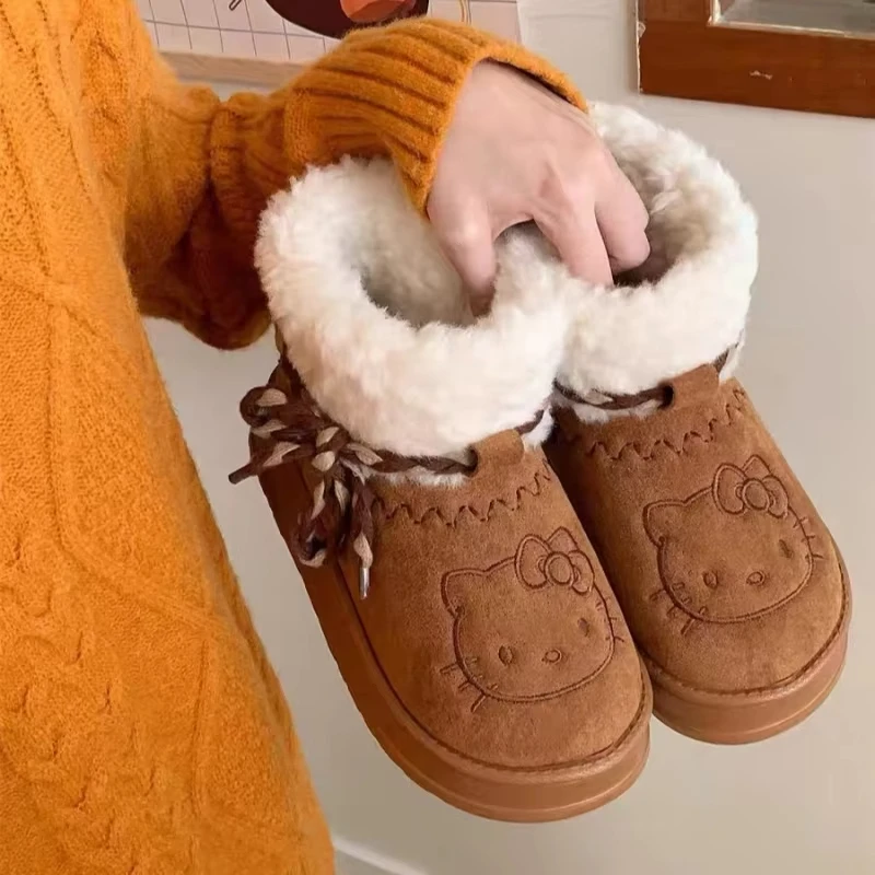 Sanrio hello kitty botas de neve anime feminino y2k inverno menina botas de neve de pelúcia bonito sapatos de algodão quente kawaii antiderrapante bota curta