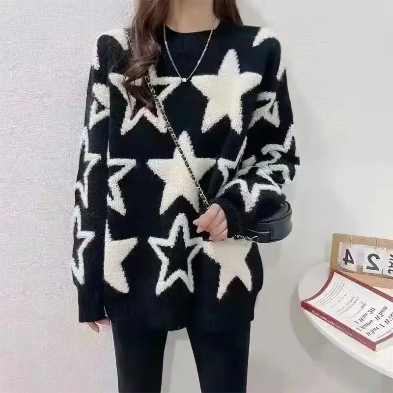 Korean Fashion Star Graphic Oversized Streetwear Harajuku Knitted Sweaters for Women Casual O Neck Long Sleeve Pullovers Jumpers