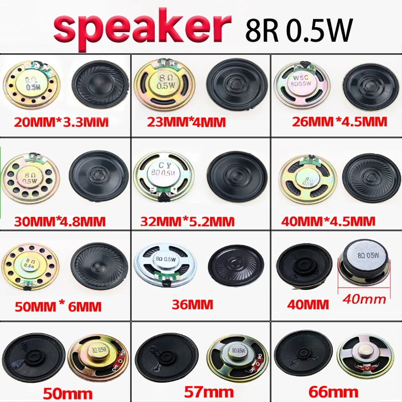 2 uds 8R 0,5 W altavoces varios tamaños 20mm-66mm de diámetro para reemplazo de equipos de Audio