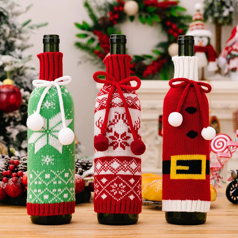 Christmas Wine Bottle Cover Cute Pattern Knitted Wine Bottle Bag For Christmas Party Dinner Table Decoration New Year Gift