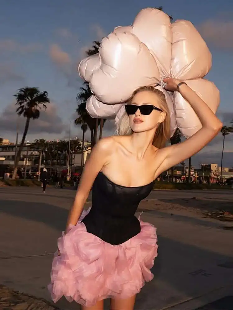 Fashion Wer Set Women Strapless Fish Bone Tank High Waist A-E Mini Skirt Female Sets 2025 Spring Summer Lady Suit