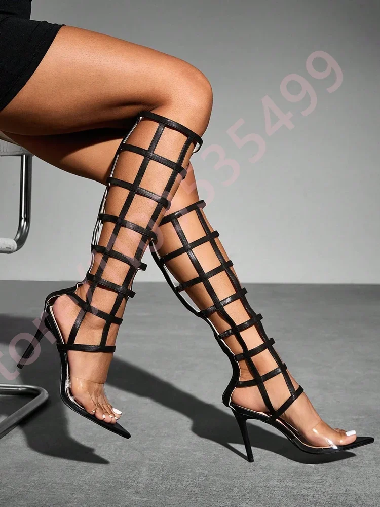 

Clear Pvc Hollow Sexy Ladies Catwalk Boots 2025 Summer Black Fashion Casual Party Roman Sandals New Open Toe Knee-High Stilettos