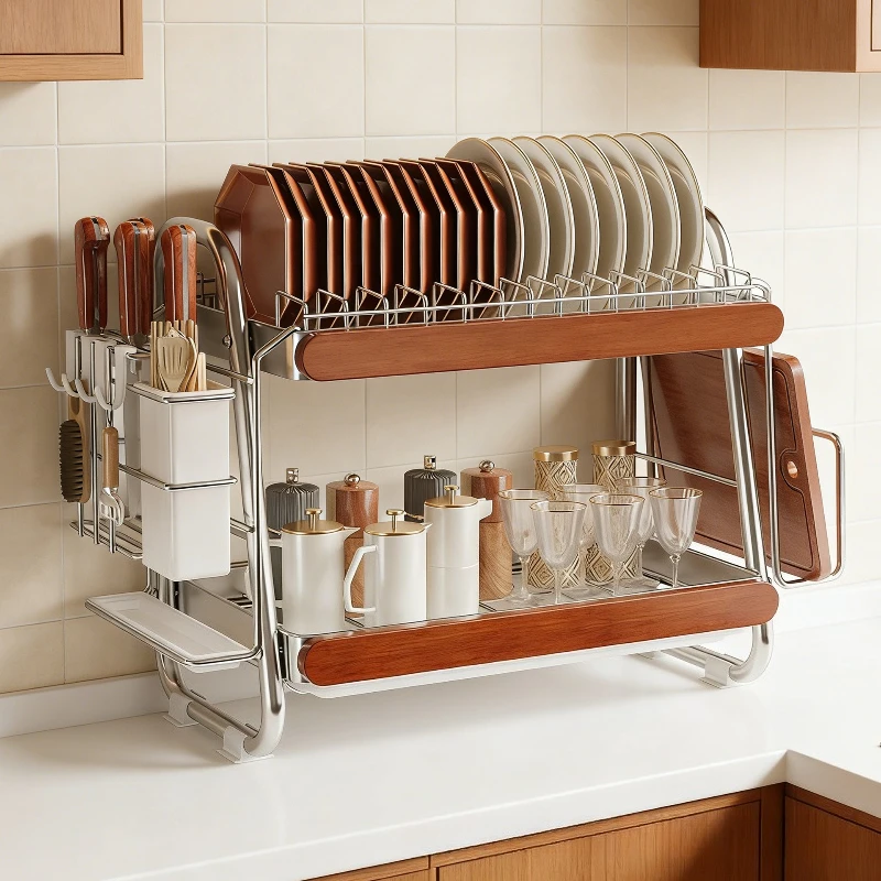 

Medieval Stainless Steel Dish Storage Rack Dish Knife Chopsticks Drain Rack Oak Baffle Drying Rack Kitchen Shelf