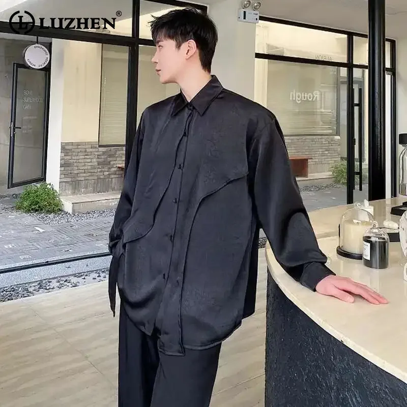 LUZHEN Long Sleeve 2026 Spring New Ribbon Patchwork Design Shirts Men Fashion Solid Color Loose Elegant Male Casual Tops JY9188