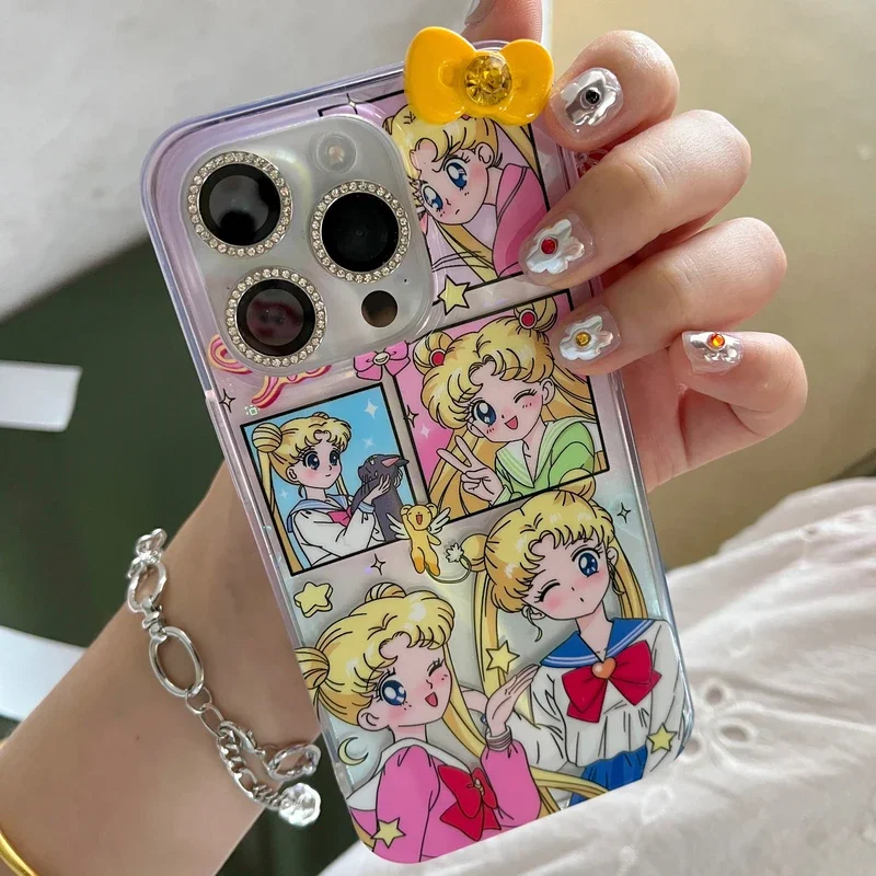 Capa de telefone sailor moon para iphone, 3d desenhos animados bonitos, capa tpu dura à prova de choque, ilustração anime japonês, 15, 14, 13, 12, 11 pro max