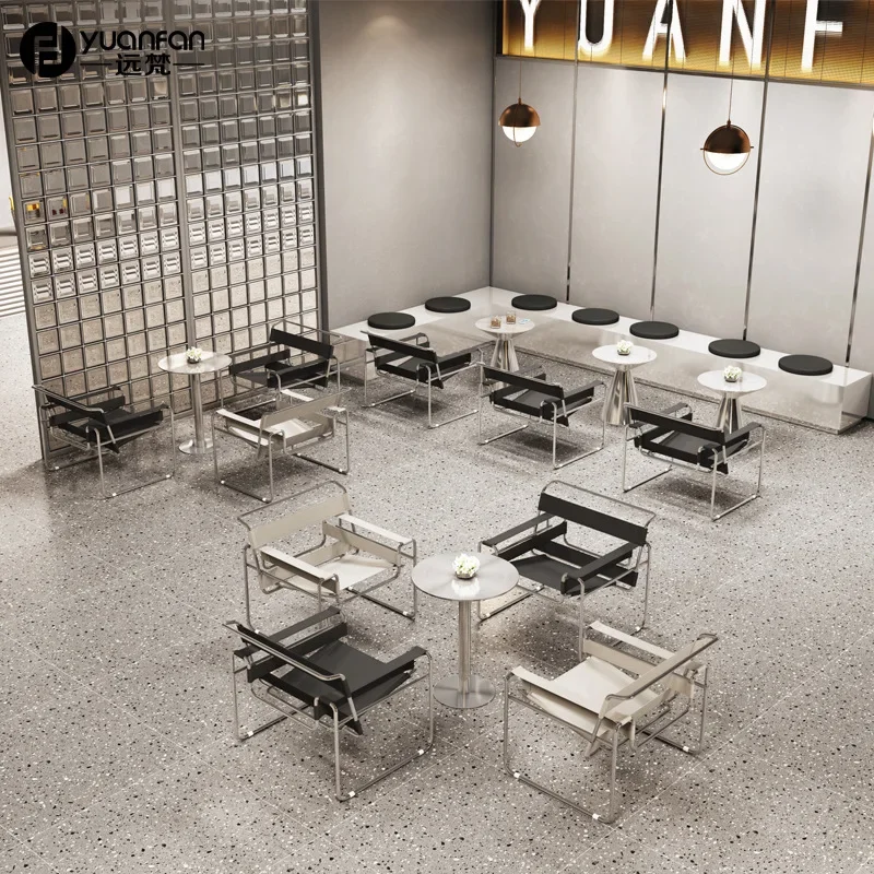 card seat sofa, industrial style café, dessert shop, bakery negotiation area, stainless steel tables and chairs