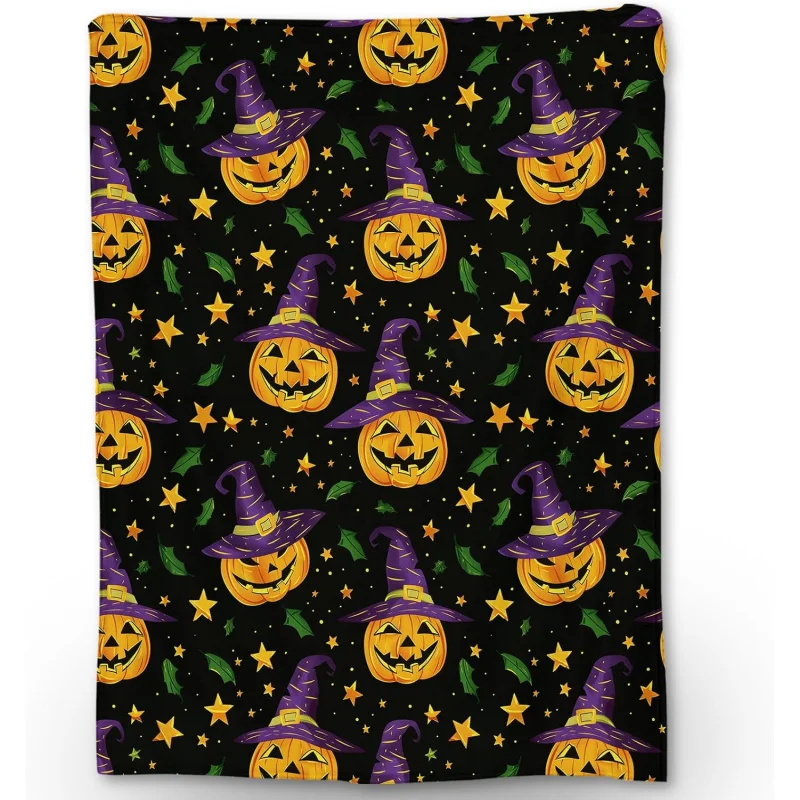 

Halloween cartoon pumpkin and star blanket, soft, lightweight, and comfortable flannel blanket for adults and children, fuzzy