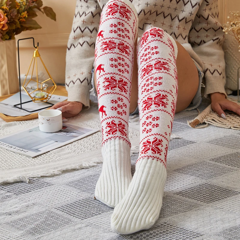 1Pair Christmas Elk Print Thigh High Socks Creative Pattern CottonPompom Decor Over The Knee Socks Women\'s Stockings and Hosiery