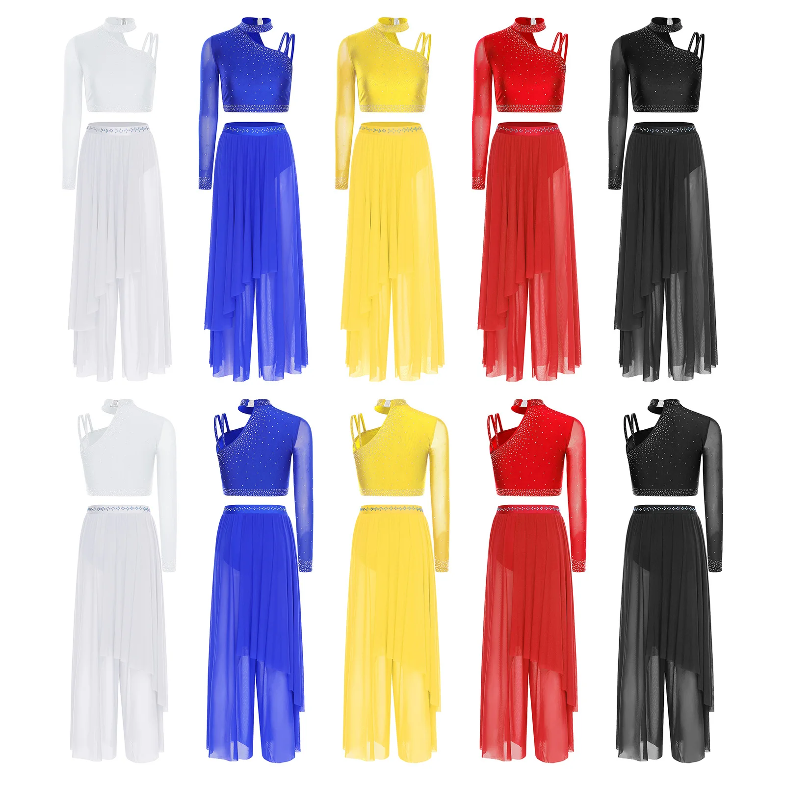 

Women Lyrical Dance Performance Cotume Gymnastics Modern Figure Skating Dancewear Asymmetrical Shoulder Rhinestone Crop Top+Pant