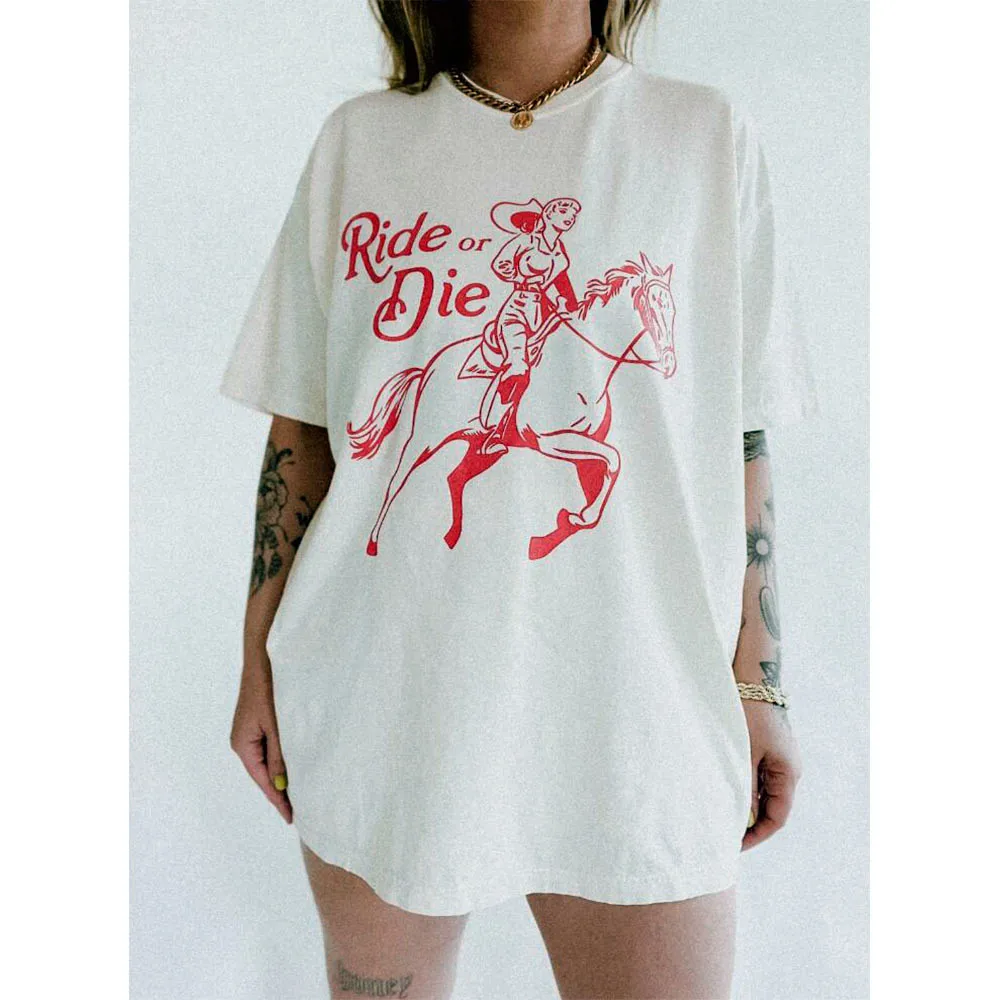 Ride or Die Printing Cowgirl Graphic Tees Summer Short Sleeve Thick Cotton Oversized White Shirts High Quality Feminist T Shirts