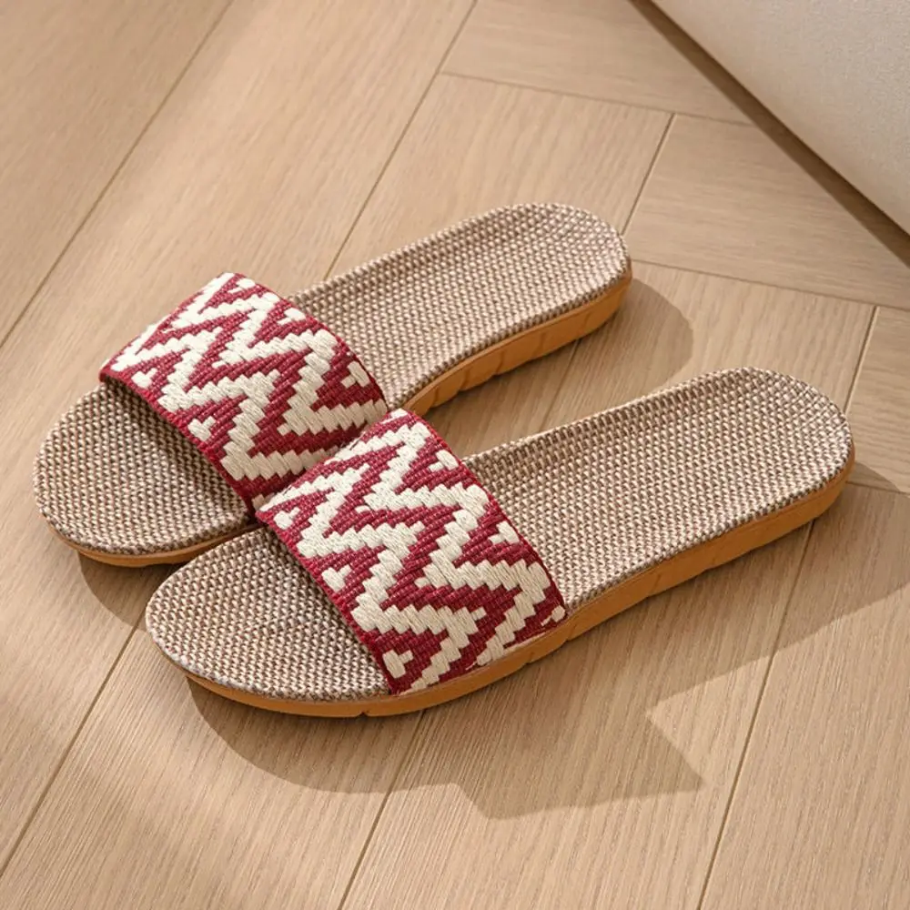 

Cozy Ethnic Style Linen Stripe Slippers Soft Non-Slip Patchwork Flat Slippers Shoes Sweat Absorption Flax Slides Sandals Summer