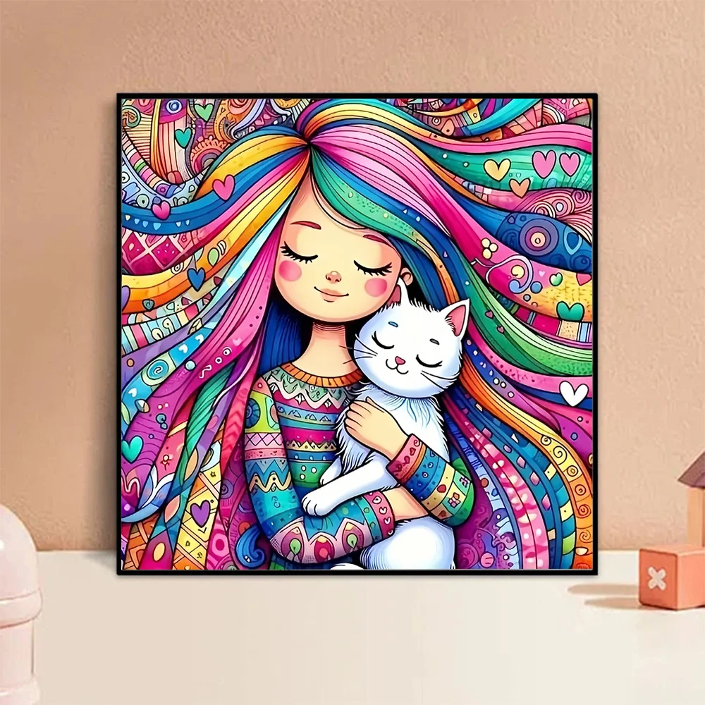 HUACAN Diamond Embroidery Girl New Arrival Cat Painting Picture Rhinestones Cartoon Mosaic Cross Stitch 5D DIY Handmade Gift