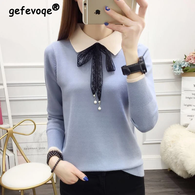 Autumn Winter Polo-neck Elegant Fashion Lace Up Sweater Ladies Bandage All-match Jumper Top Women Bottoming Knitting Pullover