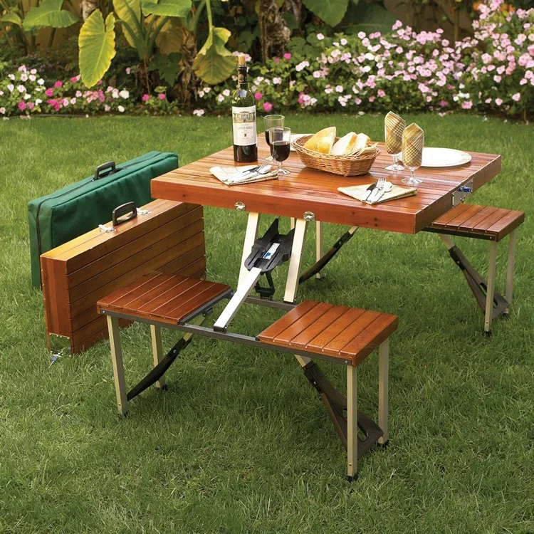 

Manufacturer outdoor one-piece table and chair integrated portable solid wood picnic aluminum alloy folding table and chair set