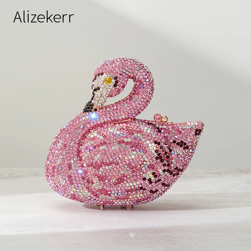Alizekerr w kształcie łabędzia diamentowe torby wieczorowe nowe wspaniałe musujące Rhinestone metaliczne kopertówki i torebki wesele