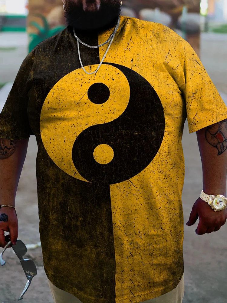 ZOOY (L-9XL) Men\'s Plus Size Casual Tower Yin Yang Tai Chi Color-Blocked Poker Art Graffiti Print Crew Neck Short Sleeve T-Shirt