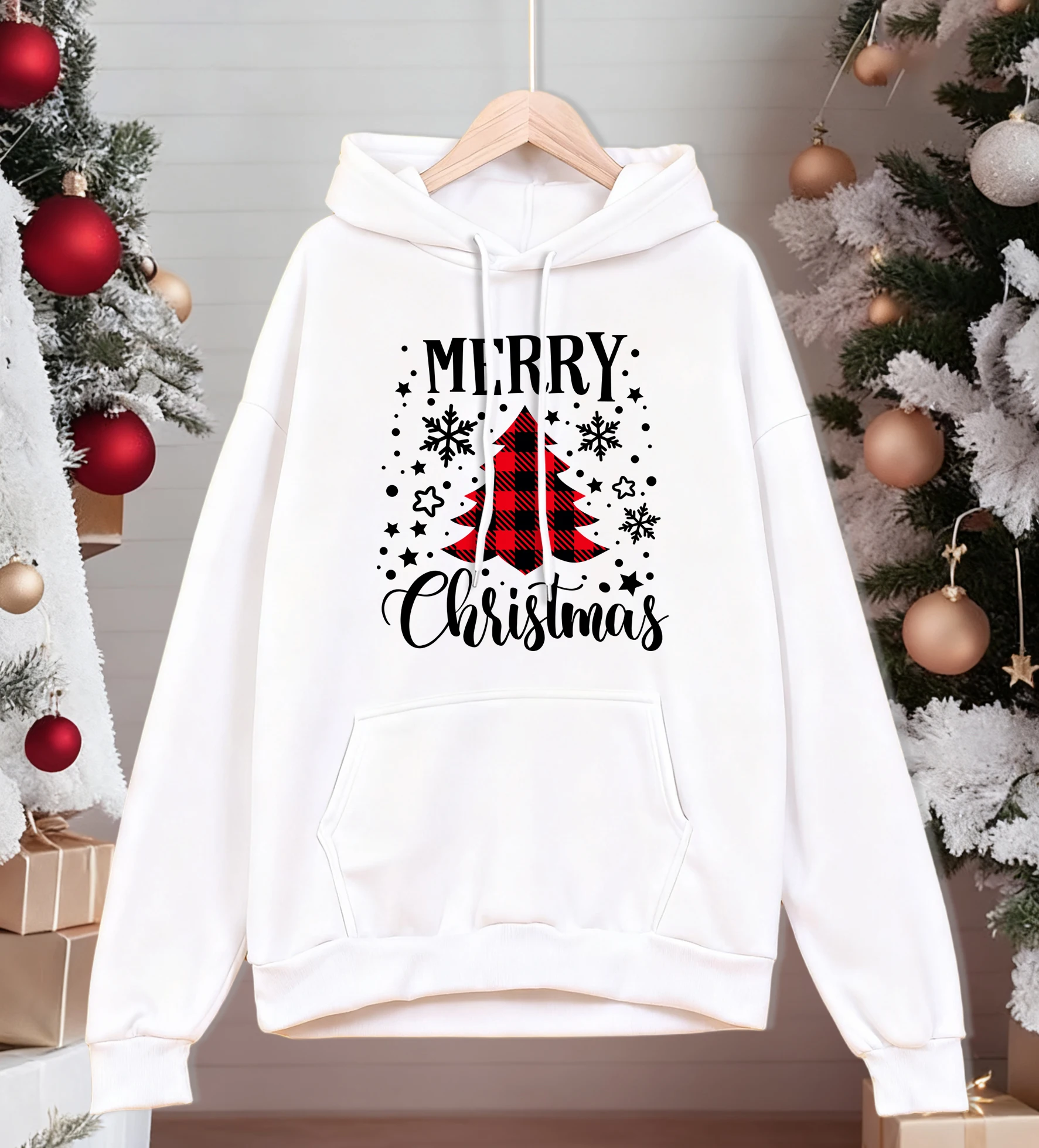 

Merry Christmas Red Grid Tree Printing Hoodies Mens All-Match Casual Hoody Pocket Cotton Streetwear Comfortable Male Pullover