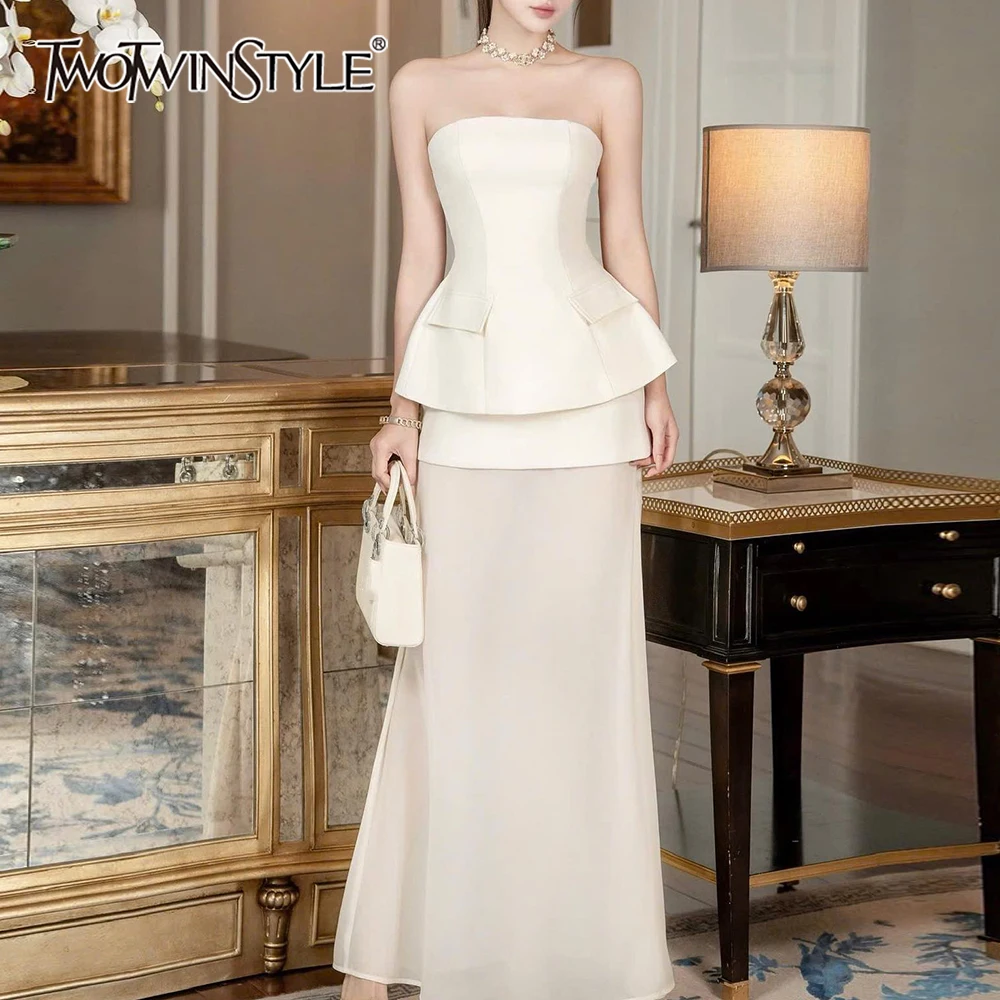 

TWOTWINSTYLE, утягивающие темпераментные комплекты из двух предметов для женщин, топ без бретелек, без рукавов, прозрачная юбка с высокой талией, комплект женской одежды