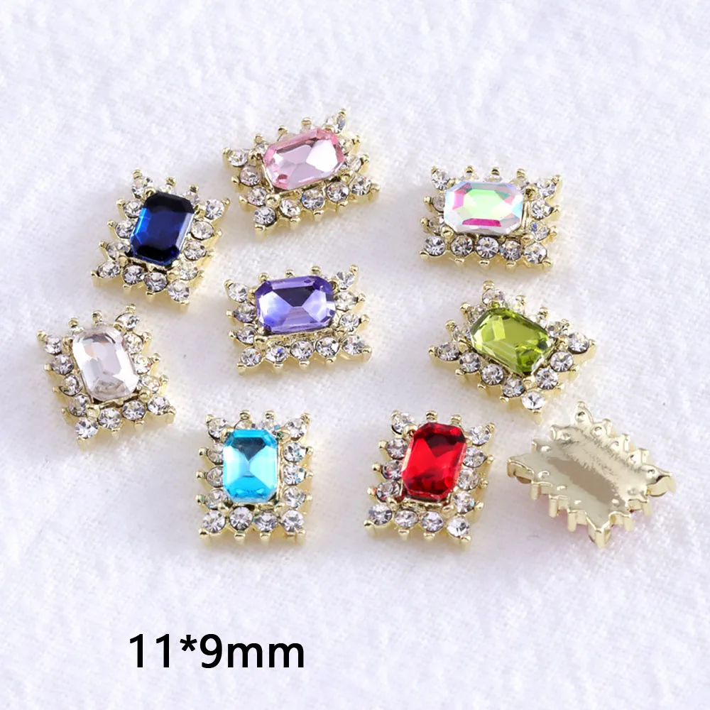 10PCS/Bag 3D Square Alloy Octagonal Gems Nail Art Charms Gold/Silver Rhinestone Flatback Crystal Colorful Diamond Decorations