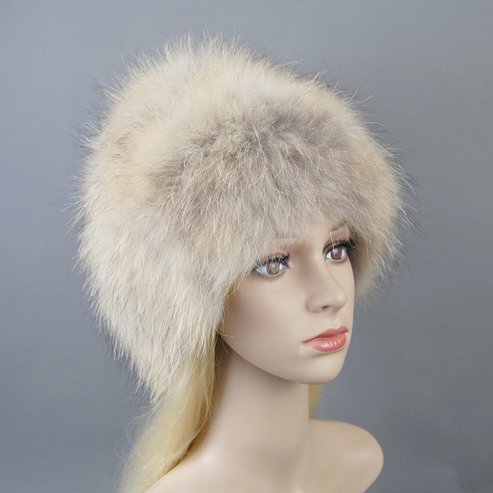 Real Fox Fur Pompom Bomber Winter Hats Russian Female Ski Mask Natural Raccoon Fur Hat Knitted Skullies Beanies Fall Women\'s Cap