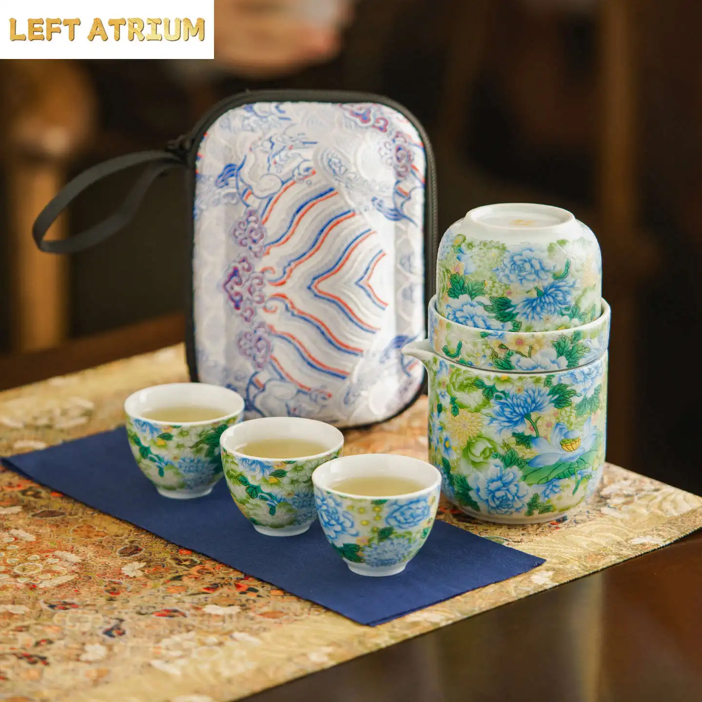 Enamel Colours Floral Pattern Travel Tea Set Ceramic Portable Outdoor Kung Fu Tea Set Teapot Teacups Filtered Pot Home Teaware