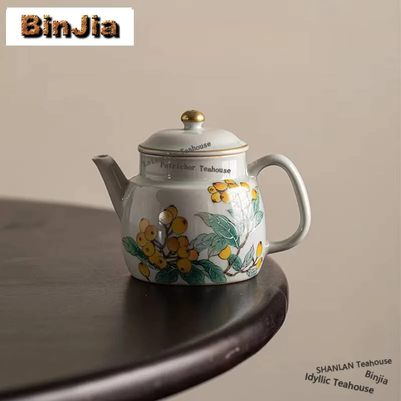 

120ml Antique Hand-painted Loquat Teapot Handmade Outline in Gold Pot Household Tea Maker Kettle Chinese Kung Fu Teaware Gift
