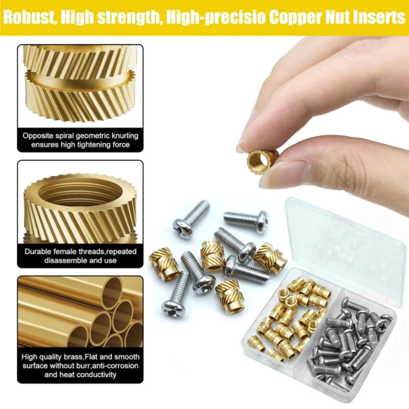 Dadi inserti filettati con set di calore in ottone/rame M2 M2.5 M3 M4 M5 M6 |   Inserti termici per stampante 3D |   Vite Phillips in acciaio inossidabile 304