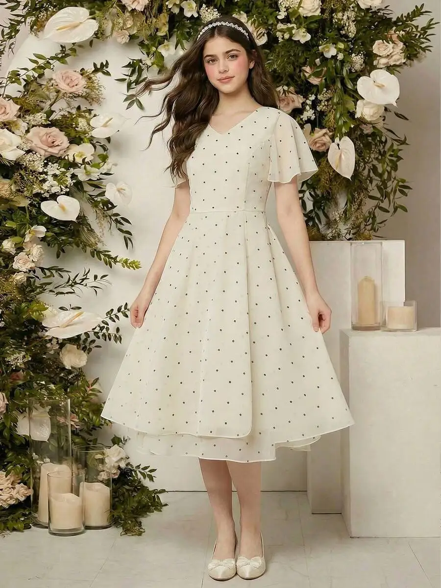 

Elegant Polka Dot Chiffon Dress With Zipper Closure Ruffle Hem For Women Spring Summer Casual Wear