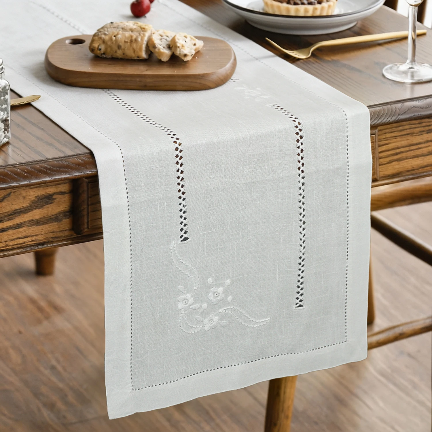 Handmade Embroidery Hemstitched Placemat, Table Runner, 100% Pure Linen, Table Set of 3pcs,Elegant, Vintage, White