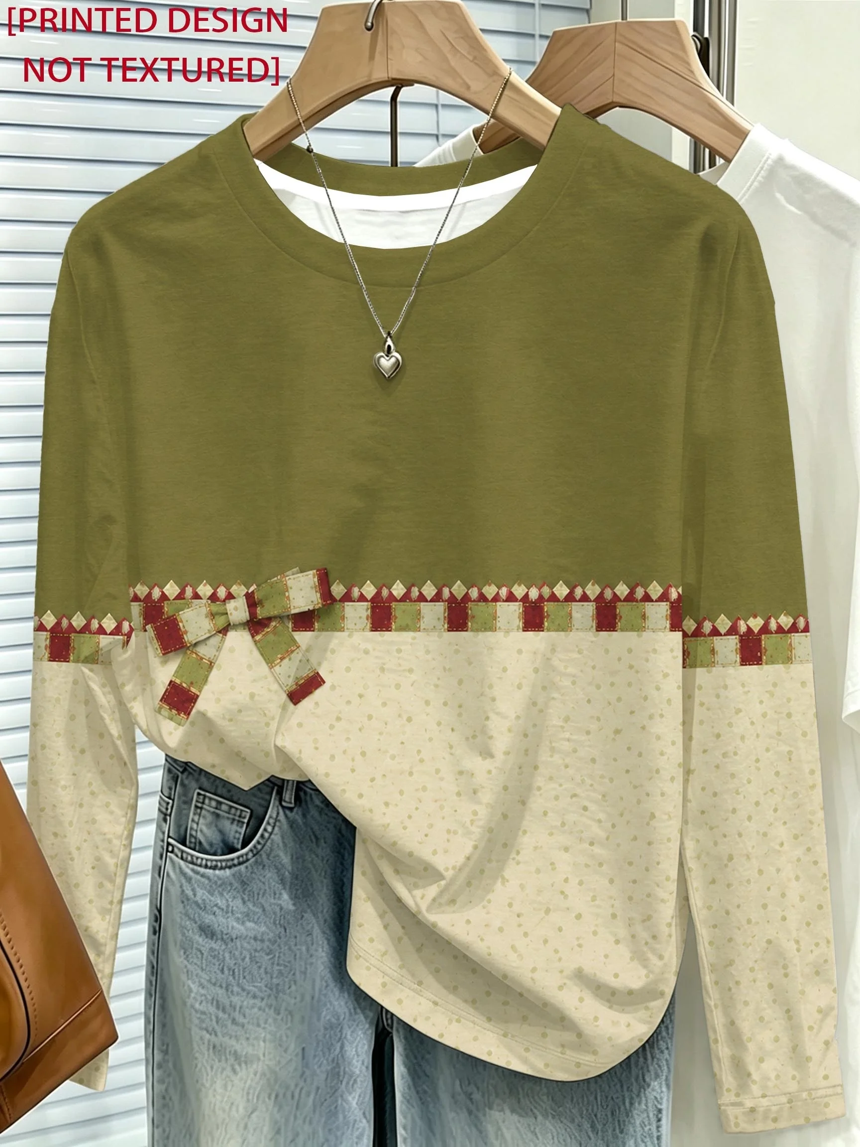 New Women Long Sleeve T-shirt Round Neck Spliced Bow Geometric Print Casual Tops Fashion Christmas Gift Women's Clothes
