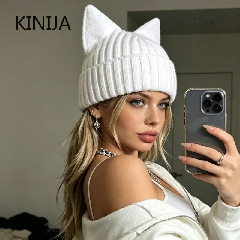 Cute Cat Ears Beanies for Women Autumn Winter Warm Ear Protection Sweet Versatile Pullover Knitted Hats Crochet Bucket Cap