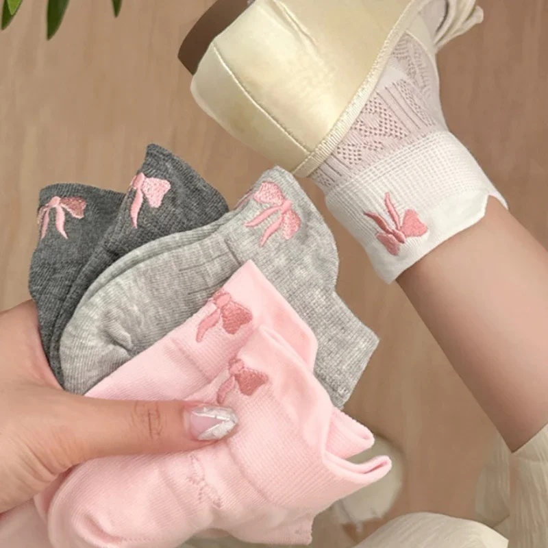 Summer Embroidery Bow Knot Short Socks Harajuku Cute Lolita Casual Funny Ankle Socks Spring Summer Breathable Female Tube Sock