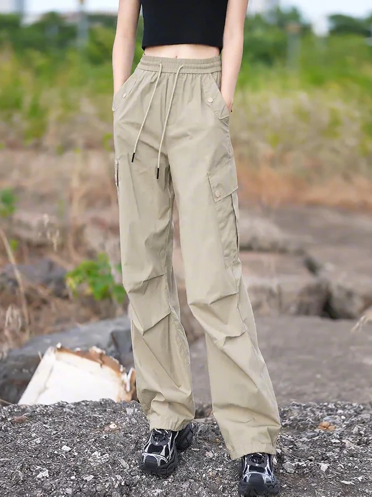 American Style Straight Leg Work Pants Women Summer Thin New Casual Wide Leg Pants High Waist Loose Sports Cuffed Pants