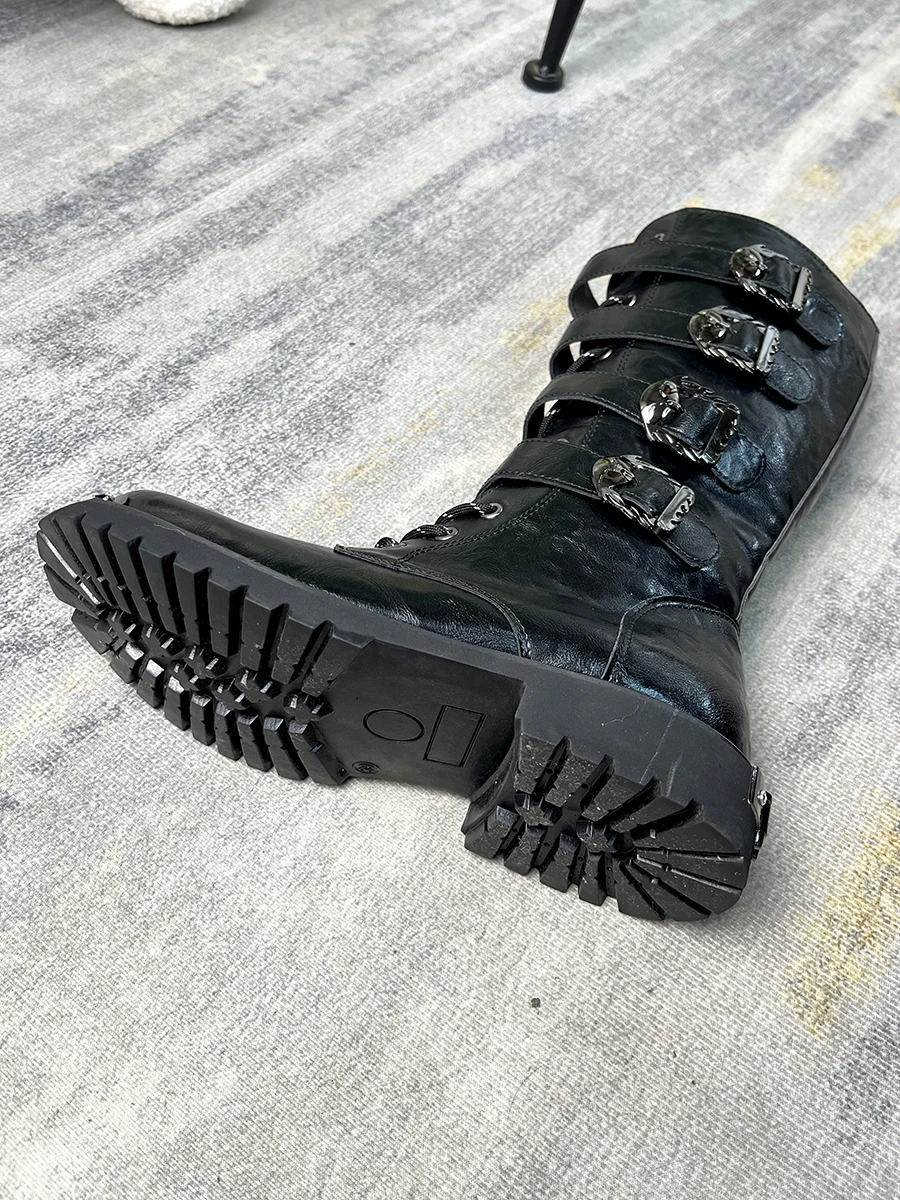 Retro Metal Decor Belt Buckle Long Boots for Men Round Toe Lace Up Thick Soled Knight Boots Autumn Winter New Outdoor Male Shoes view 6