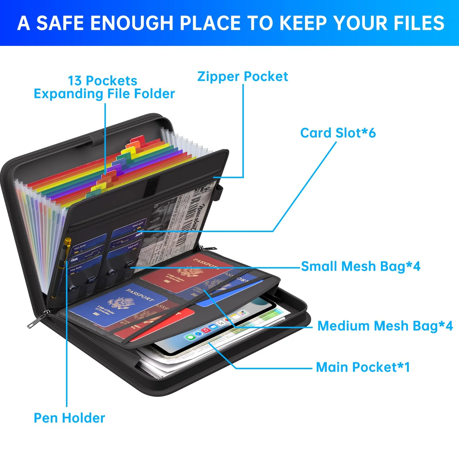 Portable Accordion File Organizer,Fireproof Expanding File Folder with Multi Pockets,13 Colorful Pockets Document Organizer