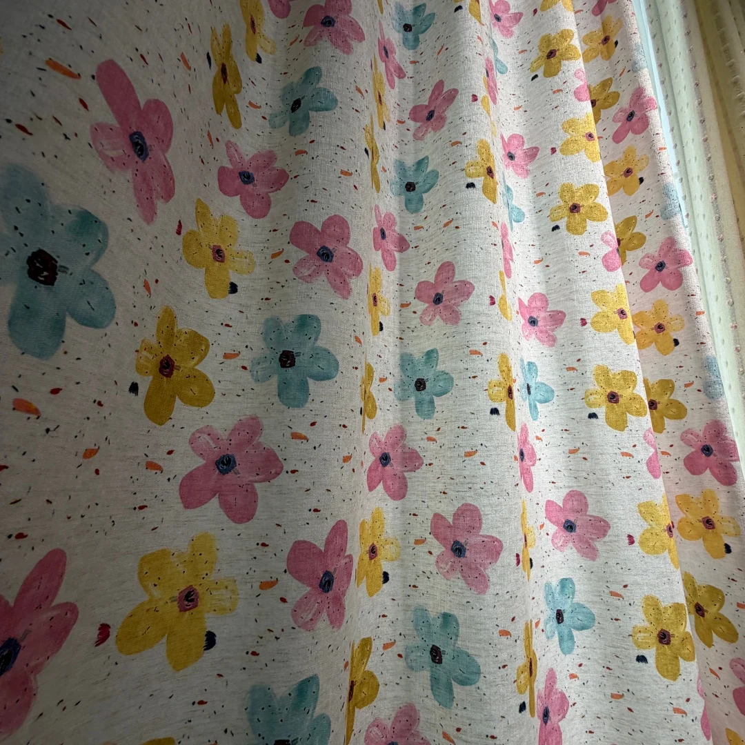FarmhouseWatercolor Floral Curtains Linen TextureColorful Flower Print Window Drapes Light Filtering Curtain forHome Decoration