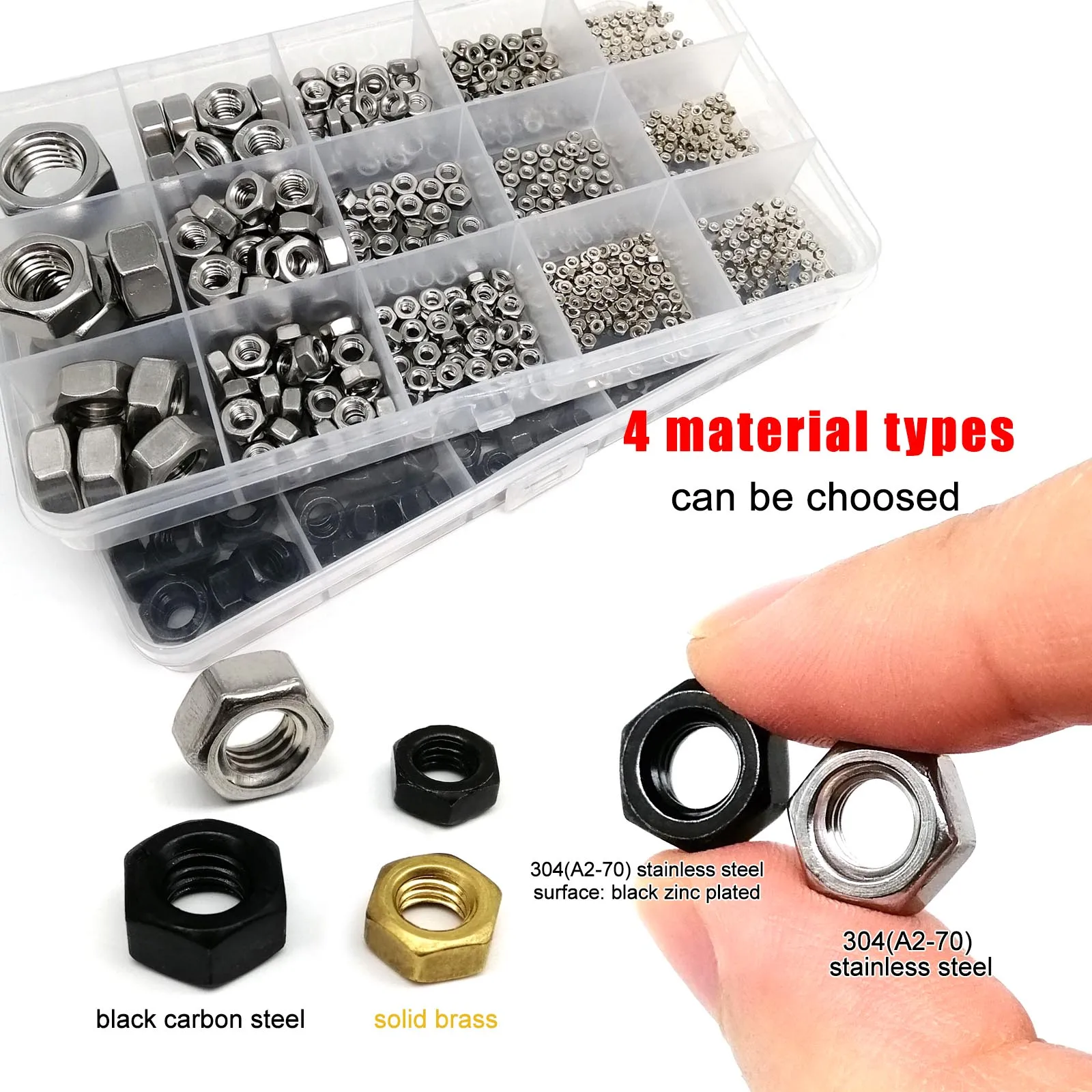 1 Set Mix M1 M1.2 M1.4 M1.6 M2 M2.5 M3 M4 M5 M6 M8 to M16 DIN934 Hex Hexagon Nut Kit Box Black 304 Stainless Steel Brass Steel