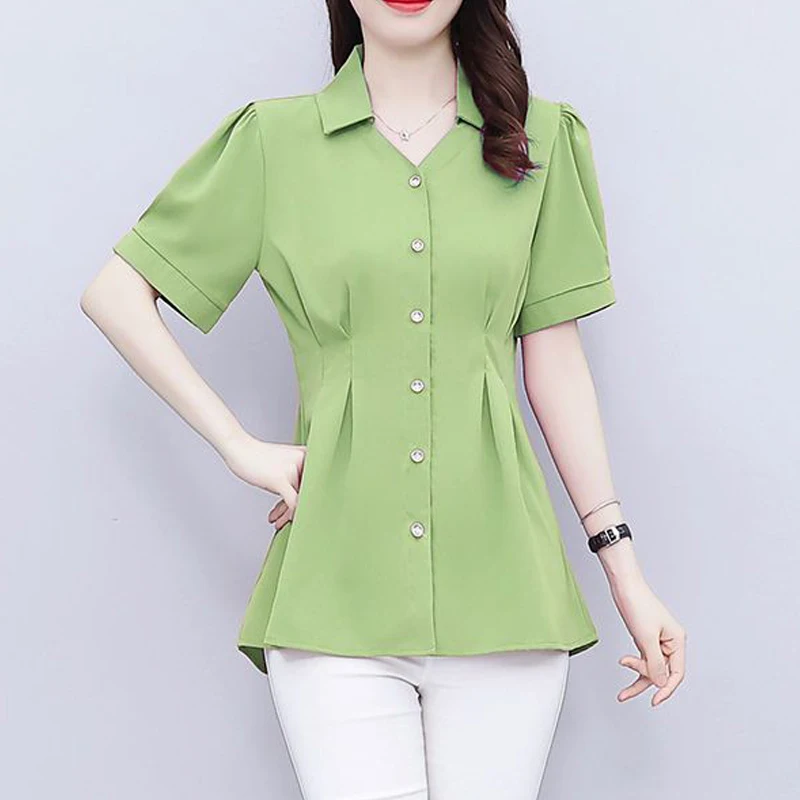 Women Ruffled Elegant Tunic Tops Summer Fashion Office Lady Business Casual Button Shirts Solid Slim Short Sleeve Blouses Ropa