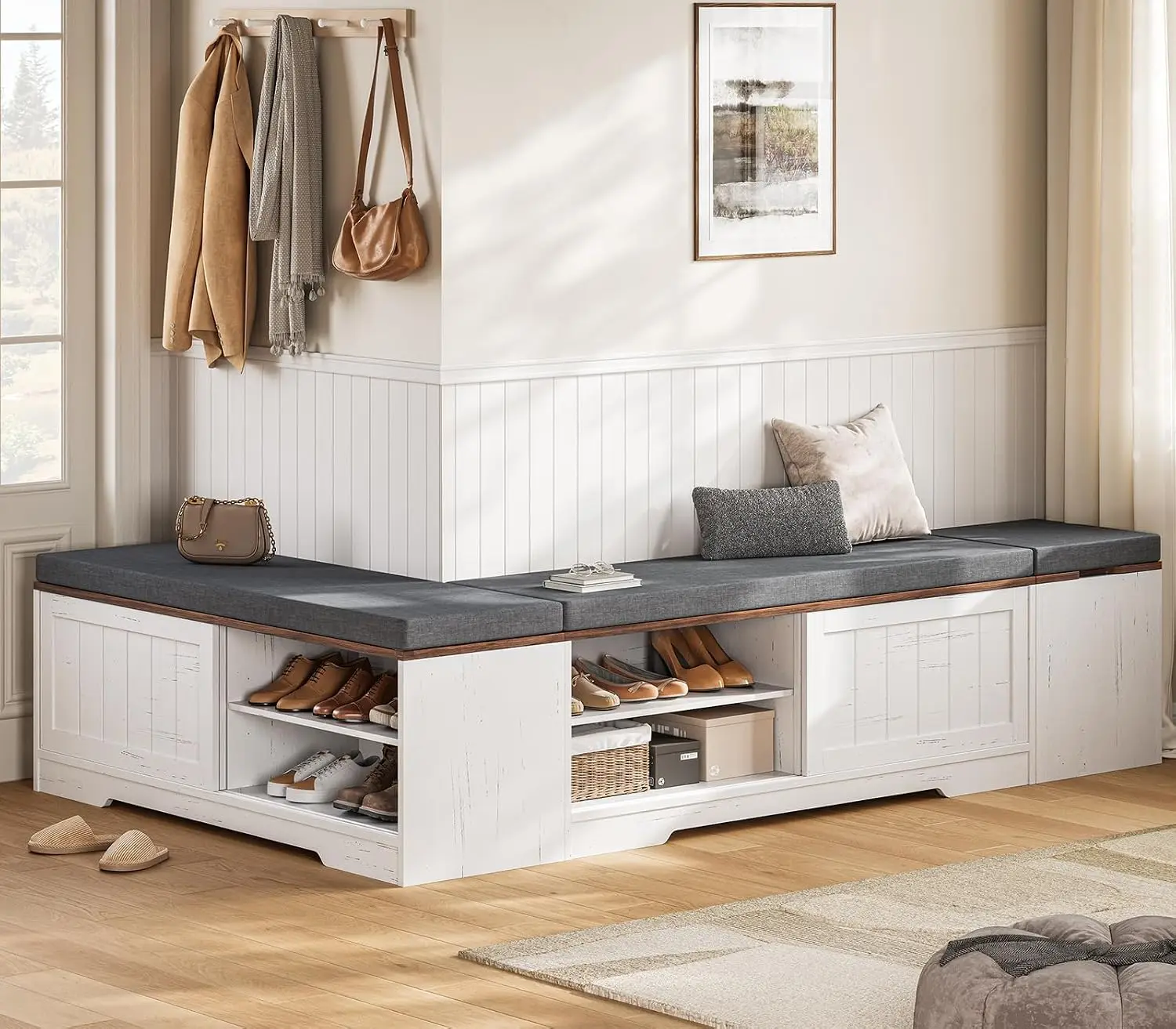 Farmhouse L Shaped Breakfast Nook Bench, Shoe Storage Bench with Cushion, Slide Barn Doors, Adjustable Shelf and 1, Customized