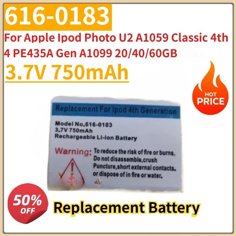 

3.7V 750mAh 616-0183 616-0206 Battery For Apple Ipod Photo U2 A1059 Classic 4th 4 PE435A Gen A1099 20 40 60GB