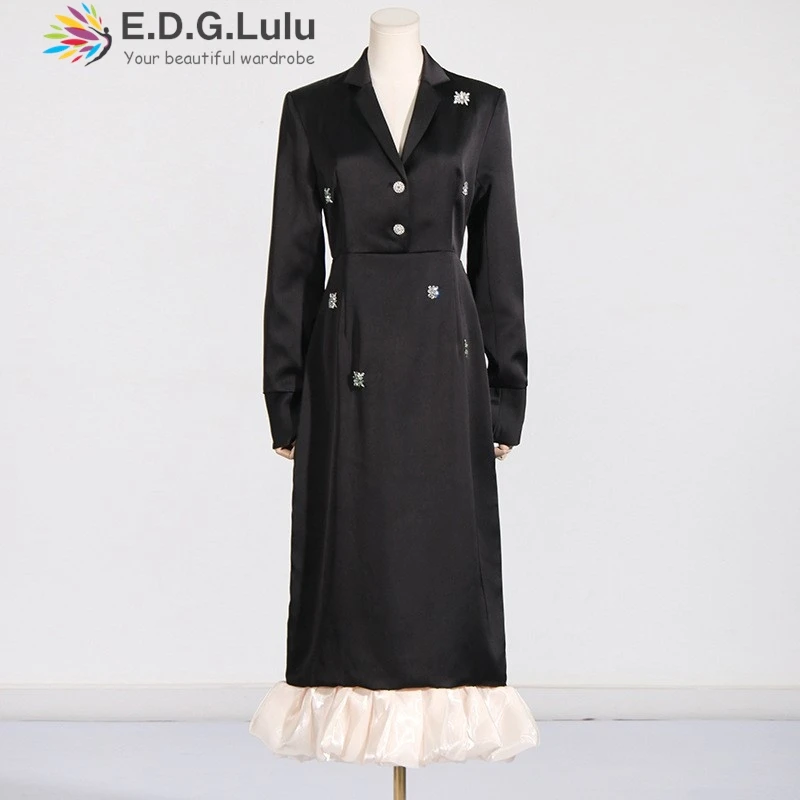 EDGLuLu 2025 otoño nuevo cuello en V uñas diamante empalme vestidos largos de lujo elegante Patchwork satén con volantes vestido negro 1009