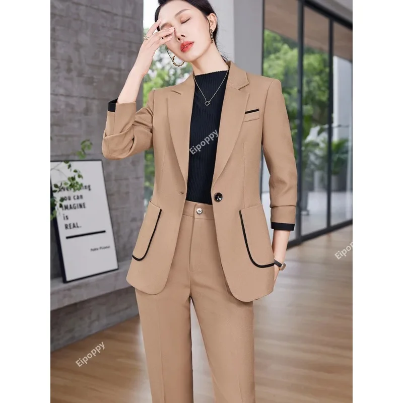 2024 New Khaki Black Beige Women Pant Suit Ladies Blazer e pantaloni donna formale lavoro aziendale 2 pezzi Set con tasca