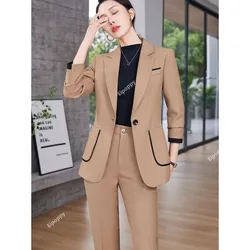 2024 New Khaki Black Beige Women Pant Suit Ladies Blazer e pantaloni donna formale lavoro aziendale 2 pezzi Set con tasca