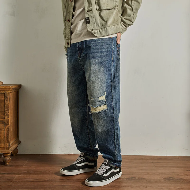 جينز ممزق مخصص للرجال، ساق مستقيمة فضفاضة، سراويل جينز واسعة الساق رائعة وعصرية للشارع