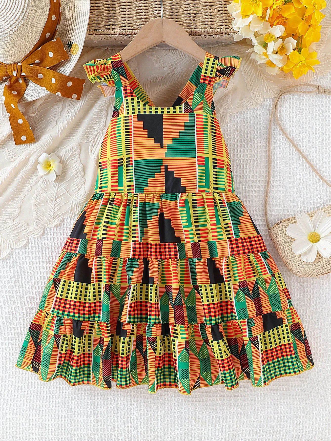 Girls summer African bohemian style flying rotator sleeve backless dress children's clothing
