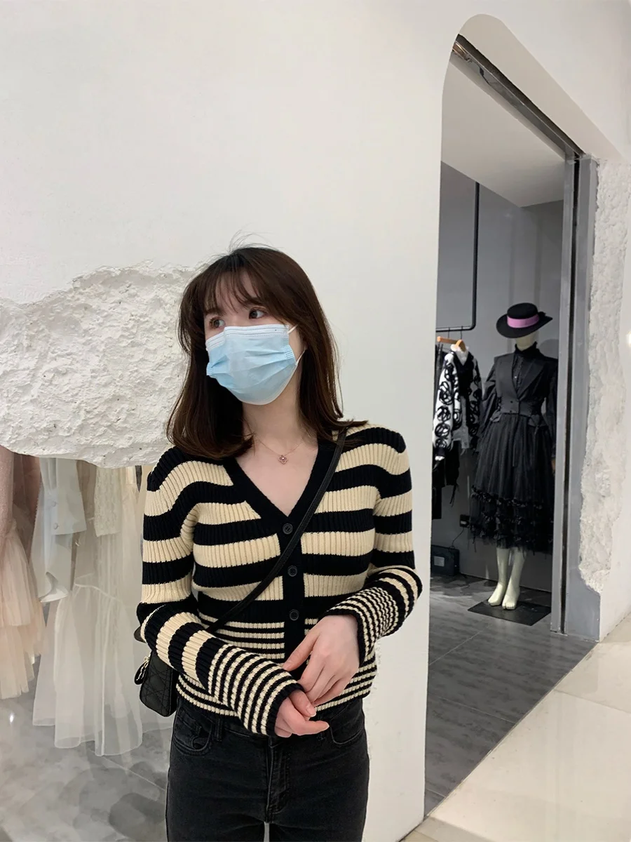 

Slim Fit Knitted V-Ne Open Cardigan Women's Weight Loss Color Blo Waist-Cinching Long Sve Striped Faion Top