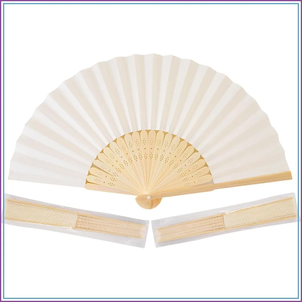

50pcs Cream Paper Hand Fans, Bamboo Folding Fans for Wedding Party Home Decoration