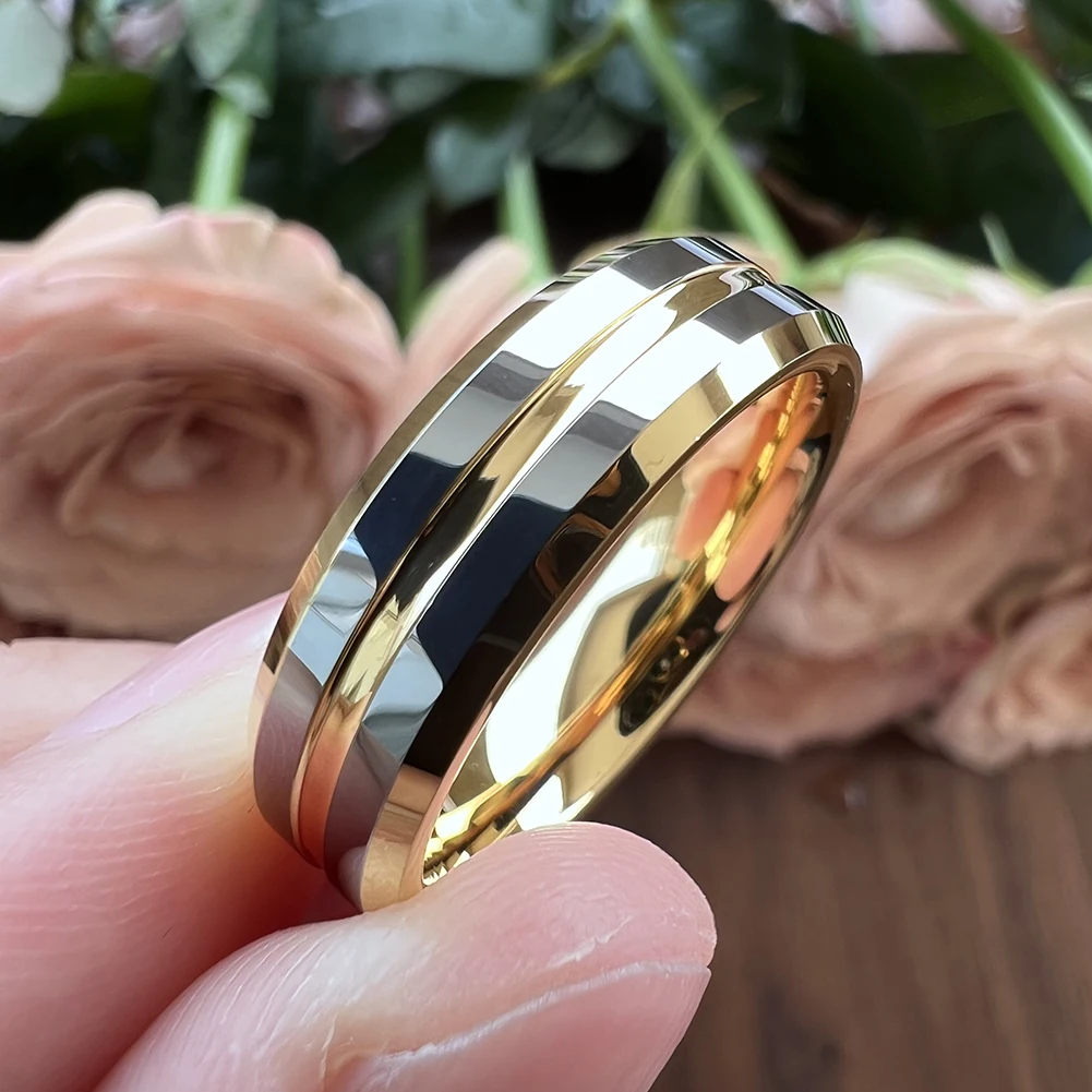 6 mm 8 mm Wolfram-Ring für Damen und Herren, Verlobung, edler Schmuck, Ehering in der Mitte, gerillt, abgeschrägte Kanten, poliert, glänzend, bequeme Passform – Detail 8